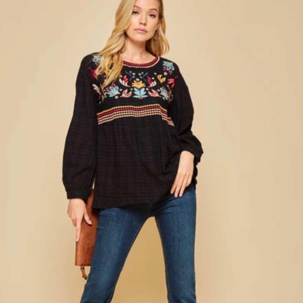 Savannah Jane Black Floral Embroidered Babydoll Long Sleeve Blouse Top Medium